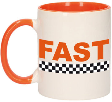 Bellatio Decorations Mok/ beker oranje en wit fast met finish vlag 300 ml - feest mokken Multikleur