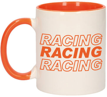 Bellatio Decorations Mok/ beker oranje en wit Racing racing racing 300 ml - feest mokken Multikleur