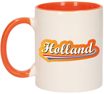 Bellatio Decorations Mok/ beker wit en oranje Holland met lettercontour 300 ml - feest mokken