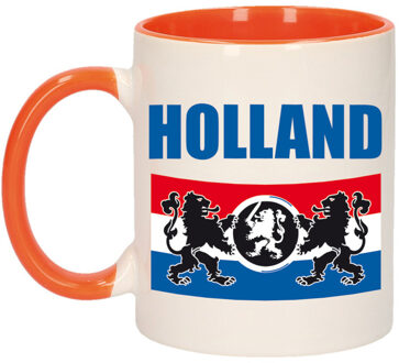 Bellatio Decorations Mok/ beker wit en oranje Holland met vlag en leeuw 300 ml - feest mokken Multikleur