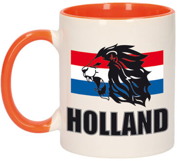 Bellatio Decorations Mok/ beker wit en oranje Holland vlag en leeuw 300 ml - feest mokken Multikleur