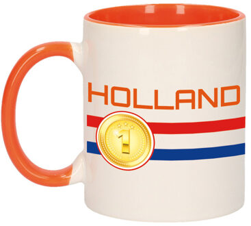 Bellatio Decorations Mok/ beker wit en oranje Holland vlag met medaille 300 ml - feest mokken