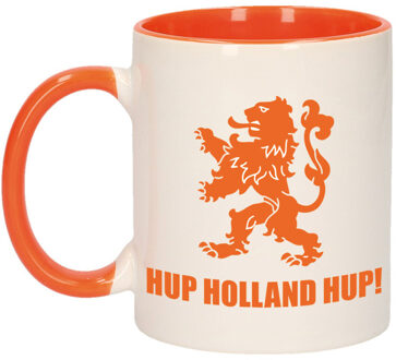 Bellatio Decorations Mok/ beker wit en oranje hup Holland hup leeuw 300 ml - feest mokken