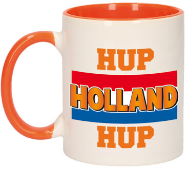 Bellatio Decorations Mok/ beker wit en oranje hup Holland hup met vlag 300 ml - feest mokken Multikleur