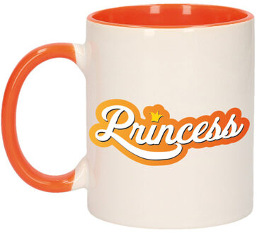 Bellatio Decorations Mok/ beker wit en oranje Koningsdag princess 300 ml - feest mokken