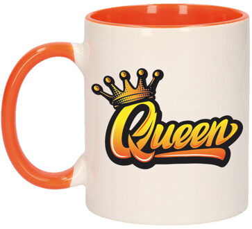 Bellatio Decorations Mok/ beker wit en oranje Koningsdag Queen met kroon 300 ml - feest mokken