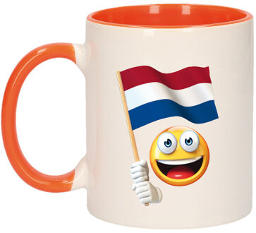 Bellatio Decorations Mok/ beker wit en oranje smiley vlag Nederland 300 ml - feest mokken