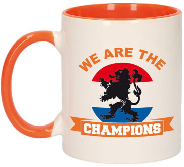 Bellatio Decorations Mok/ beker wit en oranje We are the champions 300 ml - feest mokken Multikleur