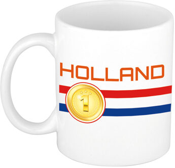 Bellatio Decorations Mok/ beker wit Holland vlag met medaille 300 ml - feest mokken