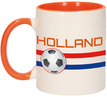 Bellatio Decorations Mok/ beker wit Holland vlag met voetbal 300 ml - feest mokken Oranje