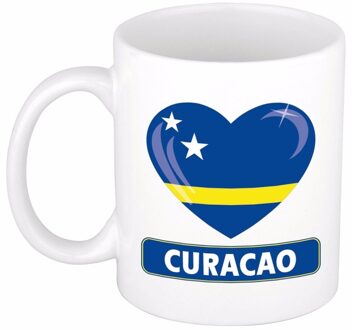 Bellatio Decorations Mok Curacao Vlag met Hartje ? 300 ml ? Wit - Koffie/Thee Beker ? Cadeau Idee Multi