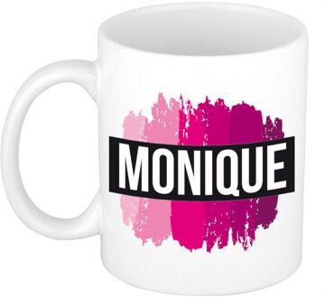 Bellatio Decorations Monique naam cadeau koffie mok - beker - met roze verfstrepen - Cadeau collega - moederdag