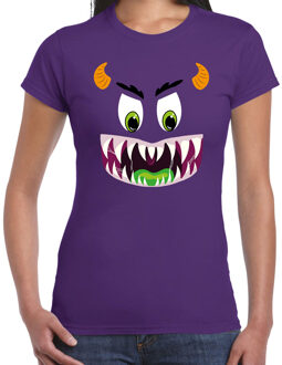 Bellatio Decorations Monster gezicht halloween verkleed t-shirt paars voor dames 2XL - Feestshirts