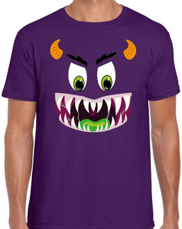 Bellatio Decorations Monster gezicht halloween verkleed t-shirt paars voor heren 2XL - Feestshirts