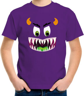 Bellatio Decorations Monster gezicht halloween verkleed t-shirt paars voor kinderen 110-116 (XS) - Feestshirts