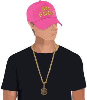 Bellatio Decorations Mr. FOUT baseballcap roze/goud heren en een gouden dollarketting
