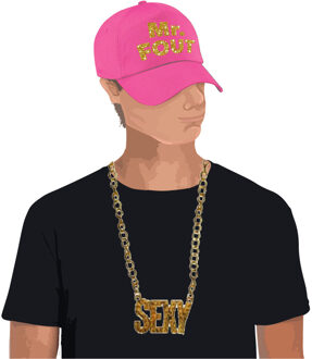 Bellatio Decorations Mr. FOUT baseballcap roze/goud heren en een gouden sexy ketting