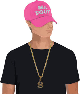 Bellatio Decorations Mr. FOUT baseballcap roze/zilver heren en een zilveren dollarketting