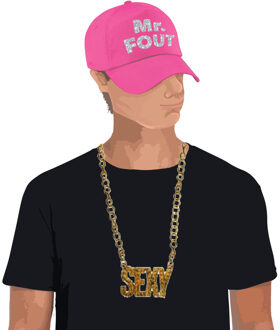Bellatio Decorations Mr. FOUT baseballcap roze/zilver heren en een zilveren sexy ketting