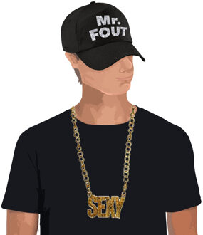 Bellatio Decorations Mr. FOUT baseballcap zwart/zilver heren en een zilveren sexy ketting
