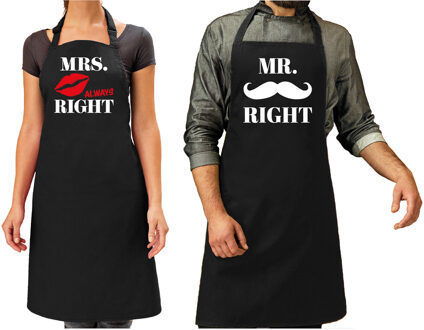 Bellatio Decorations Mr Right en Mrs Always Right kus/snor cadeau schorten set zwart volwassenen - koppelcadeau bruiloft - Feestschorten