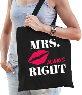 Bellatio Decorations Mrs always Right katoenen tasje met lippen dames - Feest Boodschappentassen Zwart