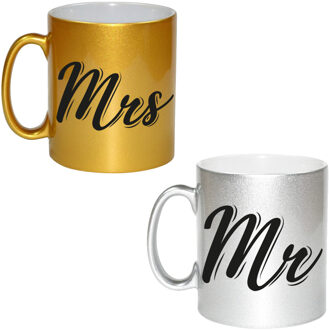 Bellatio Decorations Mrs and Mr bruiloft / bruidspaar cadeau koffiemok / theebeker goud en zilver 330 ml - feest mokken Goudkleurig