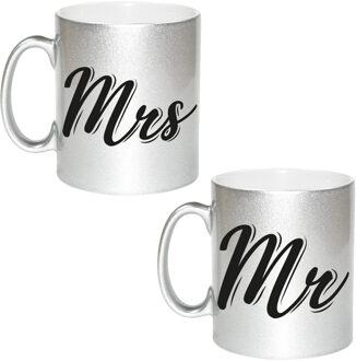 Bellatio Decorations Mrs and Mr bruiloft / bruidspaar cadeau koffiemok / theebeker zilver 330 ml - feest mokken Zilverkleurig