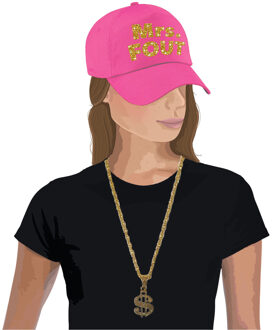Bellatio Decorations Mrs. FOUT baseballcap roze/goud dames en een gouden dollarketting