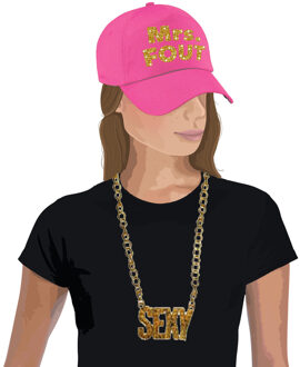 Bellatio Decorations Mrs. FOUT baseballcap roze/goud dames en een gouden sexy ketting