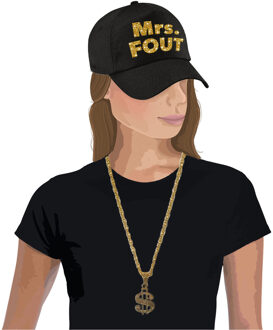 Bellatio Decorations Mrs. FOUT baseballcap zwart/goud dames en een gouden dollarketting
