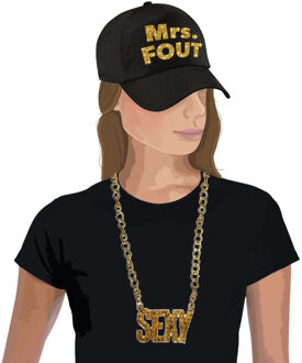 Bellatio Decorations Mrs. FOUT baseballcap zwart/goud dames en een gouden sexy ketting