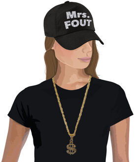 Bellatio Decorations Mrs. FOUT baseballcap zwart/zilver dames en een zilveren dollarketting