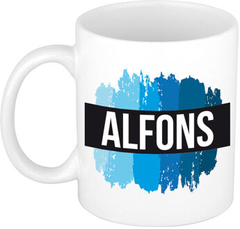 Bellatio Decorations Naam cadeau mok / beker Alfons met blauwe verfstrepen 300 ml