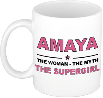 Bellatio Decorations Naam cadeau mok/ beker Amaya The woman, The myth the supergirl 300 ml - Naam mokken Multikleur