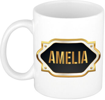 Bellatio Decorations Naam cadeau mok / beker Amelia met gouden embleem 300 ml Zwart