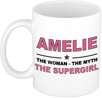 Bellatio Decorations Naam cadeau mok/ beker Amelie The woman, The myth the supergirl 300 ml - Naam mokken Multikleur