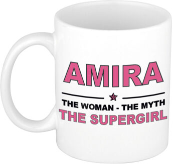 Bellatio Decorations Naam cadeau mok/ beker Amira The woman, The myth the supergirl 300 ml - Naam mokken Multikleur
