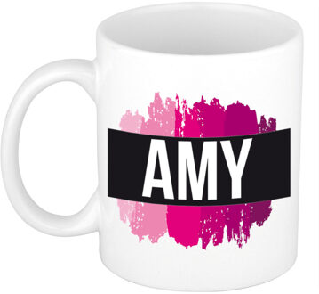 Bellatio Decorations Naam cadeau mok / beker Amy met roze verfstrepen 300 ml