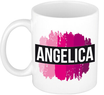 Bellatio Decorations Naam cadeau mok / beker Angelica met roze verfstrepen 300 ml