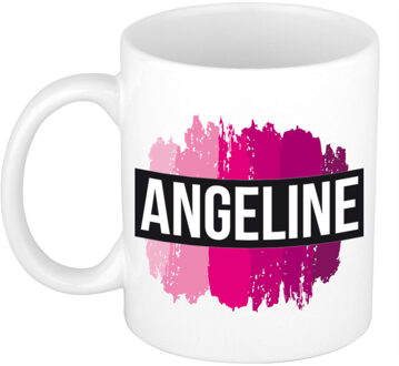 Bellatio Decorations Naam cadeau mok / beker Angeline met roze verfstrepen 300 ml