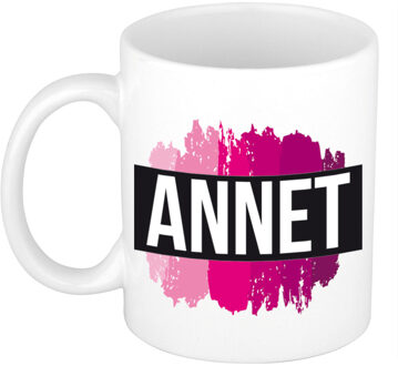 Bellatio Decorations Naam cadeau mok / beker Annet met roze verfstrepen 300 ml