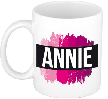 Bellatio Decorations Naam cadeau mok / beker Annie met roze verfstrepen 300 ml