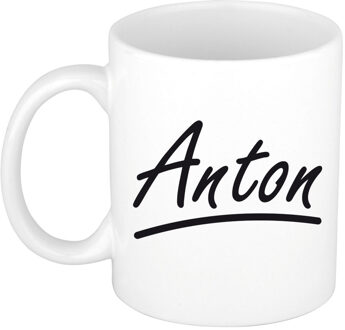Bellatio Decorations Naam cadeau mok / beker Anton met sierlijke letters 300 ml Wit