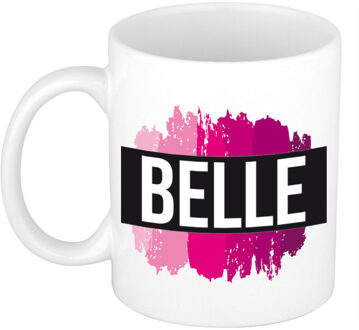 Bellatio Decorations Naam cadeau mok / beker Belle met roze verfstrepen 300 ml