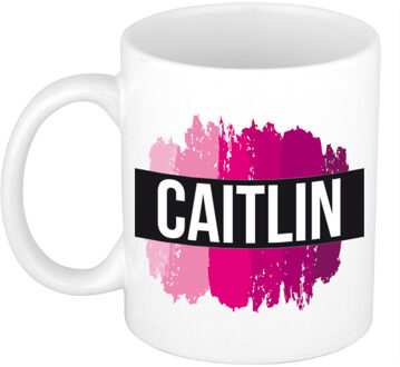 Bellatio Decorations Naam cadeau mok / beker Caitlin met roze verfstrepen 300 ml