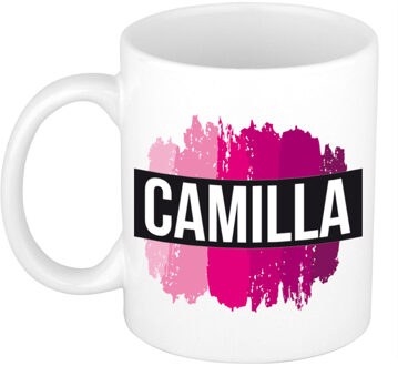 Bellatio Decorations Naam cadeau mok / beker Camilla met roze verfstrepen 300 ml