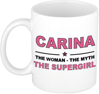 Bellatio Decorations Naam cadeau mok/ beker Carina The woman, The myth the supergirl 300 ml - Naam mokken Multikleur