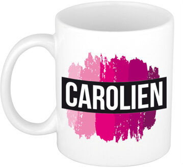 Bellatio Decorations Naam cadeau mok / beker Carolien met roze verfstrepen 300 ml