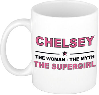 Bellatio Decorations Naam cadeau mok/ beker Chelsey The woman, The myth the supergirl 300 ml - Naam mokken Multikleur